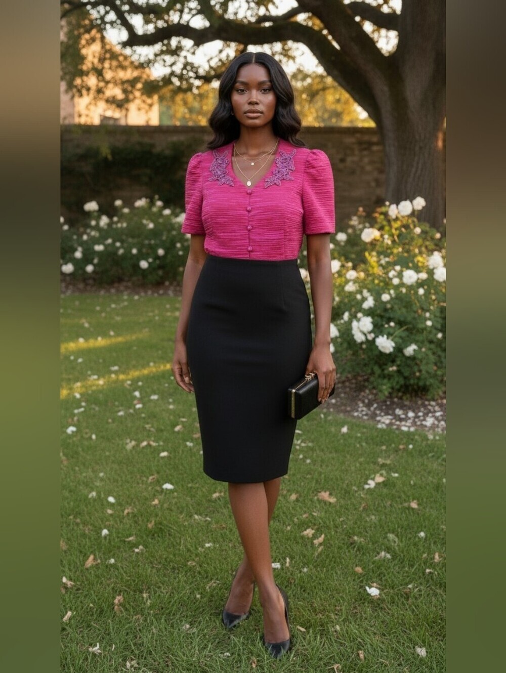 Karen Miller New York Hot Pink 3D Floral Appliqué Button Blouse USA Made Sz 14"